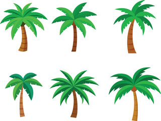 Collection of vibrant and simple cartoon palm trees isolated on a white background