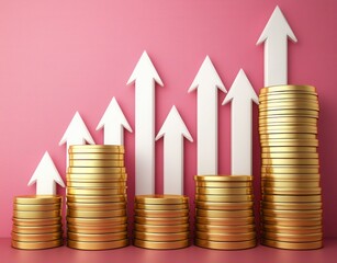 Growth Concept with Stacks of Coins and Upward Arrows on Pink Background