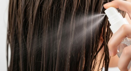 Spraying hair mist on wet brown hair close-up