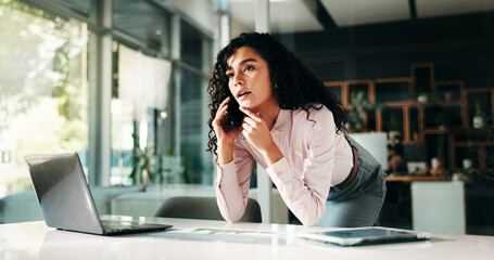 Phone call, laptop and thinking with business woman in office for networking, schedule and idea. Client appointment, planning and reflection with person as virtual consultant, vision and research