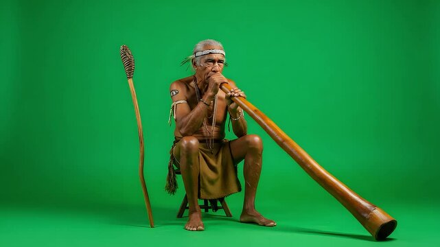 An elder, seated and playing a didgeridoo, against a green screen background dressed in traditional clothing