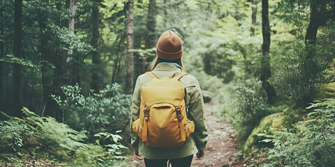Person Hiking in Forest with Backpack, Outdoor Adventure and Nature Exploration Concept  
