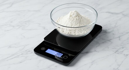 Glass bowl with flour on digital kitchen scale on marble countertop