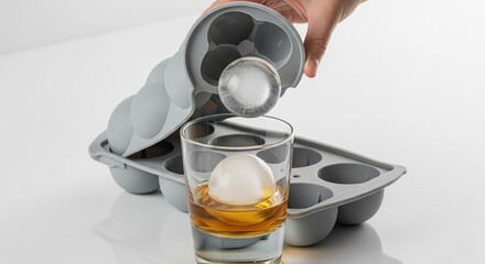 Hand placing spherical ice cube from mold into whiskey glass