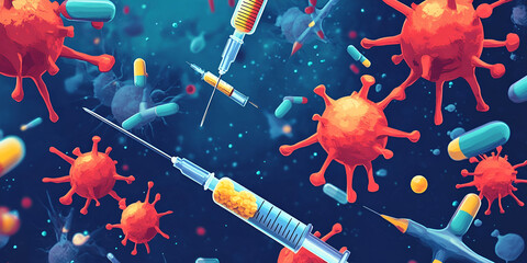 Syringe Injecting Medication into Virus Particles, Medical Science and Immunization Concept  

