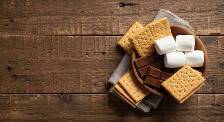 Fototapeta premium S'mores ingredients arranged on rustic wooden surface. Graham crackers, marshmallows, and chocolate await roasting.