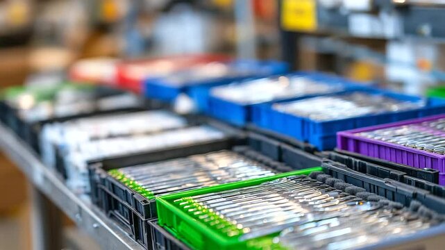 Precise hand movement as technician places surgical instruments in foam-lined compartments before sliding them into outgoing shipment boxes