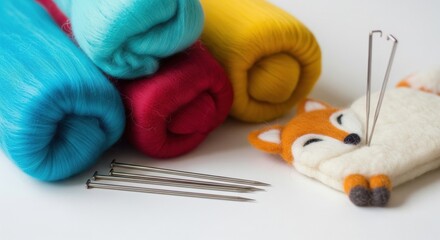 Colorful wool rolls and felting needles with handmade fox decoration