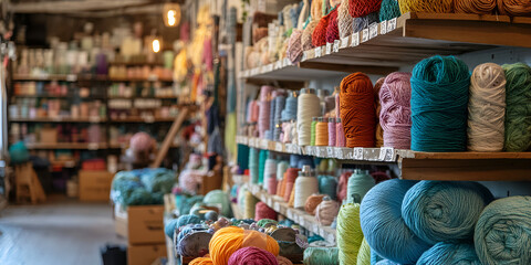Yarn Displayed on Shelves in Craft Store, Knitting and Craft Supplies Concept  
