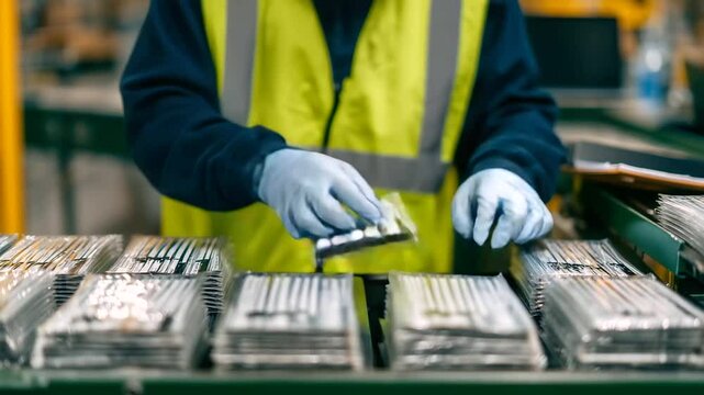 Top-down angle of steady hands organizing rows of face shields into box trays on assembly belt, with clipboard checklist nearby