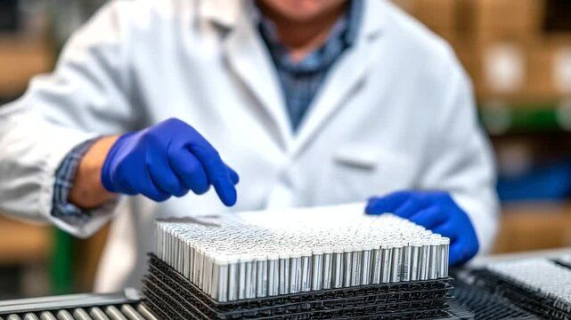 Hands of professional packer fitting medical vials into molded cardboard inserts before closing flaps for sealing, organized workflow visualized