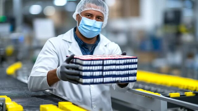 Worker aligns tubes of ointment and antiseptic with precise care, filling medical-grade box one layer at a time on conveyor line