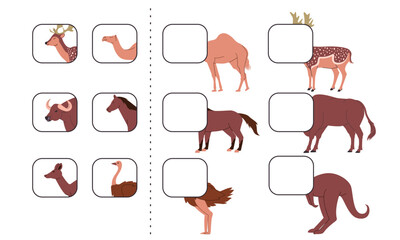 Animal cut out worksheet find and match animals horse deer kangaroo buffalo camel kids children activity