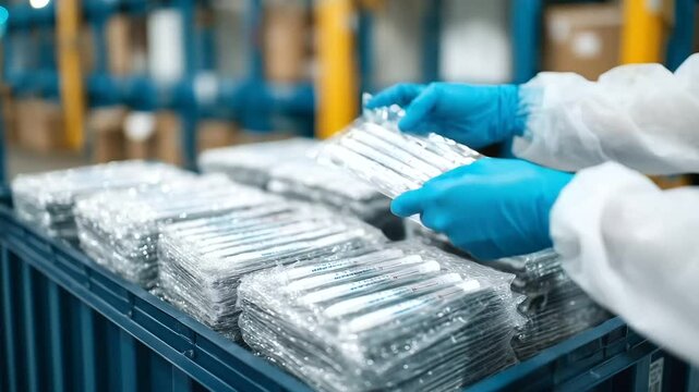 Neatly packaged thermometers positioned by hands into foam holders within shipping container, cool-toned lighting reflects sterile workspace