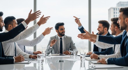 Business team debating with one man leading meeting in modern office