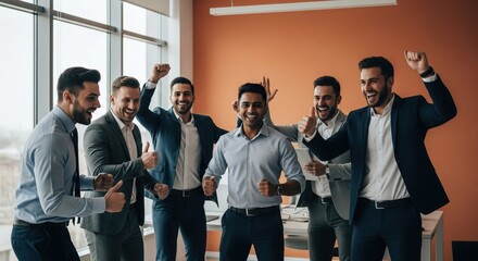 Fototapeta premium Group of happy young businessmen celebrating success in office