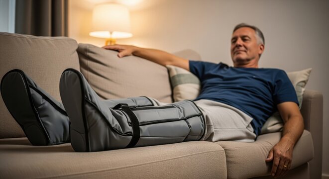 Mature man relaxing on couch with compression leg boots at home