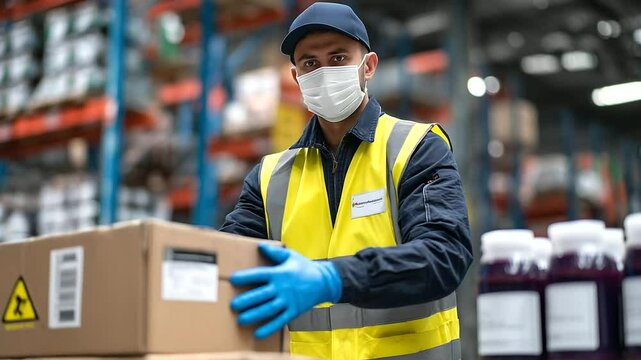 Worker with steady hands fills biohazard-labeled containers into outer cartons, focused face just out of frame