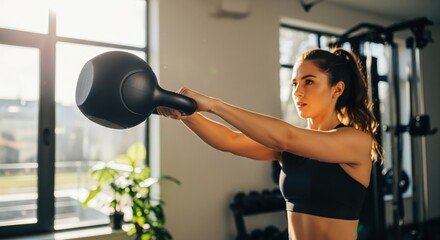 Young woman exercising with kettlebell workout in gym