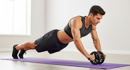 Fit man exercising with ab roller on purple mat at home gym