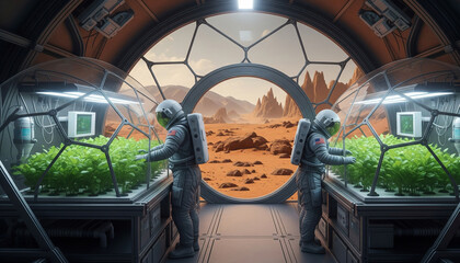 Astronauts Farming Inside Mars Colony Greenhouse with Red Planet View