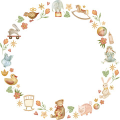Cute watercolor round frame with baby toys, clothes, floral. Template for card, invitation, baby shower, banner, photo album design, certificate. Clipart on white background. Hand-drawn