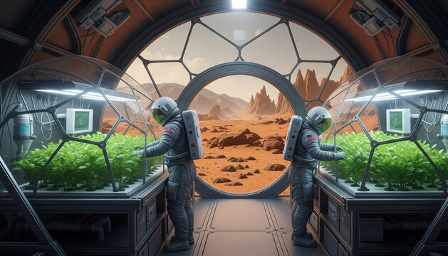 Astronauts Farming Inside Mars Colony Greenhouse with Red Planet View