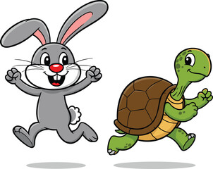 Cartoon rabbit and turtle running race, cute animal illustration, vector drawing for kids, fun competition scene, children story clipart