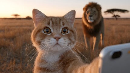 Curious cat taking a selfie with a lion in the grassland