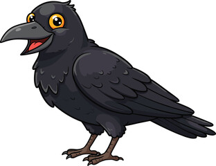 Cartoon black crow with happy face, cute raven bird character, isolated vector illustration, wildlife drawing, children animal clipart