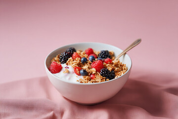 Breakfast bowl with granola, yogurt, and berries, lower third of the frame, matte pink backdrop with soft light