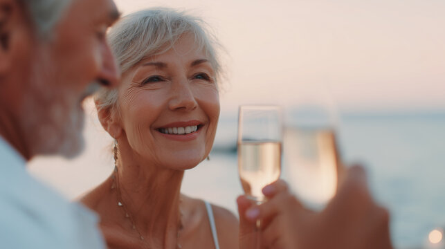 Happy senior couple toasting by the sea at sunset. Warm summer mood, relaxed vacation vibe, natural smiles, golden light and romantic moment by the ocean.