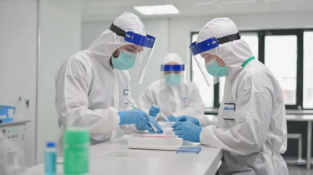 Medical professionals wearing full protective equipment in laboratory. Covid-19 vaccine. Healthcare and medicine. Chemistry, testing and hospital doctor with monkeypox vaccine and science work