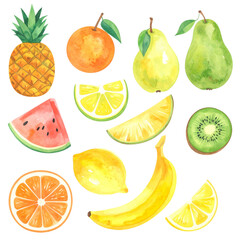 Seamless background with a fresh collection of isolated citrus fruits, apples, pears, kiwi, strawberries, bananas, pineapples, and peaches on white