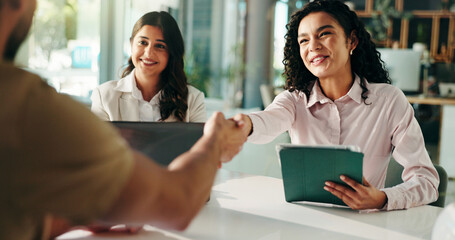 Happy, business people and meeting with handshake or tablet for deal, partnership or opportunity....