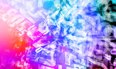abstract colorfuland composed of overlapping and fragmented letters and numbers, with a gradient background, pink, purple, blue, green, fashion, object, copy space