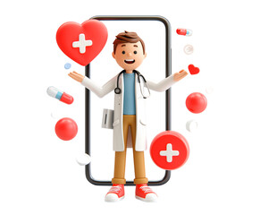 3D cartoon, a happy doctor on a smartphone with heart and plus symbols around it isolated on a transparent background