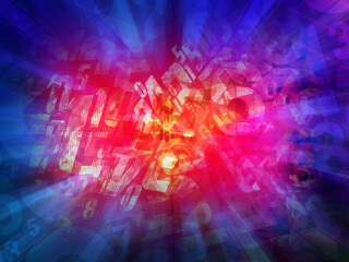 abstract pink and blue and violet digital background , overlaid on blur numerous fragmented and distorted numerical and alphabetical characters, appearing, transparent, motion background
