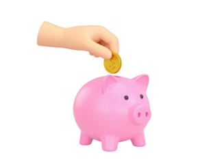 Human hand putting coin in piggy bank for saving money and financial planning isolated on white background
