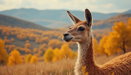 Graceful Guanaco Portrait in Autumnal Landscape, Soft Light and Serene Expression