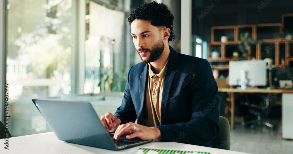 Poster laptop, research and businessman in office with graphs, charts or data for finance statistics. compu