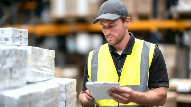 Industrial racks of sealed medication boxes stretch behind a careful worker verifying security seals and barcodes during routine inspection