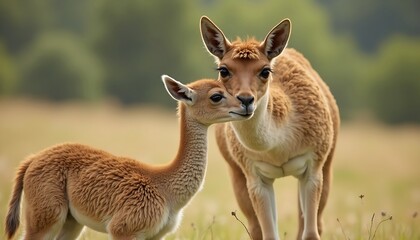 Obraz premium Guanaco Mother and Young in Tender Embrace, Soft Light