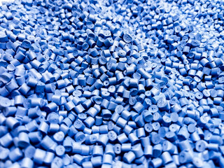 Blue polymer granules, blue masterbatch granules, cold cutting material type, isolated on white...