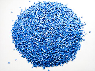 Blue polymer granules, blue masterbatch granules, cold cutting material type, isolated on white...