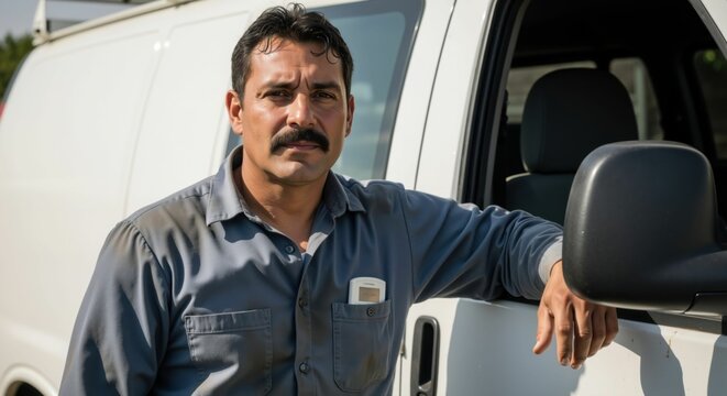 Hispanic man technician standing by service van, ready for air conditioner installation or cooling system repair. Professional maintenance service concept for hot summer. - Powered by Adobe