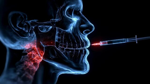 Medical visualization revealing targeted local anesthesia injection into luminous jaw segment during precise dental procedure, showcasing nerve block technique with anatomical detail