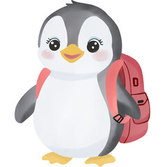 Cute cartoon penguin with a red backpack, smiling and ready for school. Adorable hand-drawn character perfect for back-to-school themes and children’s designs.