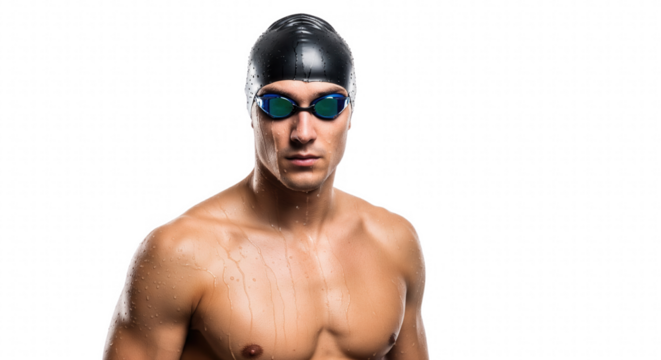 Portrait of a focused male swimmer wearing goggles and swim cap on transparent background