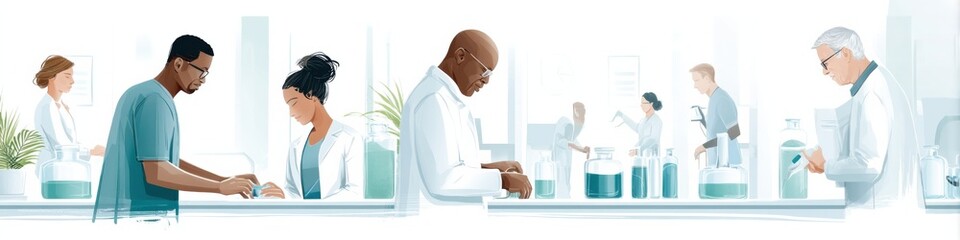 Fototapeta premium Pharmaceutical production showcasing various medications and skilled professionals in a collaborative environment